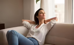 a woman sits on the couch and stares up into a window