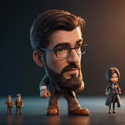 a man in glasses and beard standing in front of a small toy