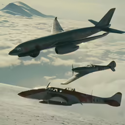 four airplanes flying next to each other over a snow covered ground