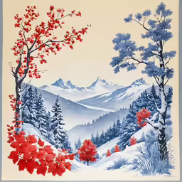a colorful painting of red, blue and white trees in the snowy mountains