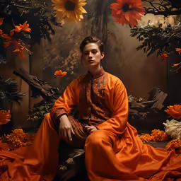 a young man in a orange outfit sitting on a wood plank