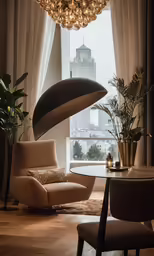 a table with two chairs in front of a window