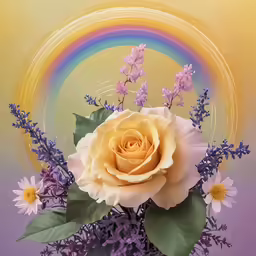 some lavender flowers sitting in a vase with a rainbow in the background