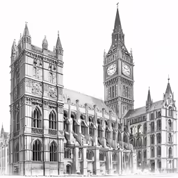 there is a drawing of a cathedral with a clock tower