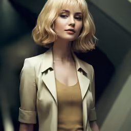 a blond woman with shoulder length hair and an all - tan suit