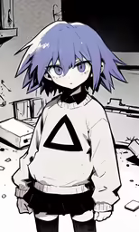a anime girl with purple hair stands near a building