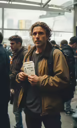man in jacket standing near group of people holding book
