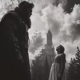 an older woman standing in front of a tall castle