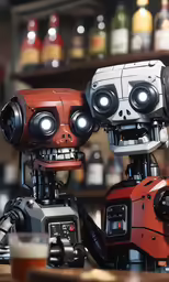 two red and gray robot figurines in front of shelves of alcohol
