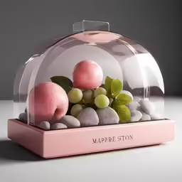 a pink glass bowl with several different fruits