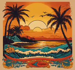 the big beach poster for geky - the band,a poster with an ocean and palm trees