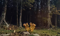 a tree in the forest with yellow flowers on the ground