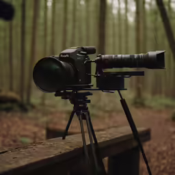 there is a tripod with a camera and camera lens on top of it