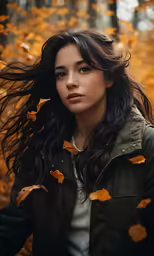 young woman in autumn leaves blowing by hair