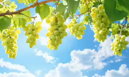 grapes that are hanging from a branch against the blue sky