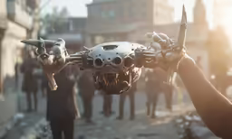 someone flying a model from a mechanical vehicle