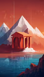an artistic view of the mountains and some water,some mountain are by a body of water