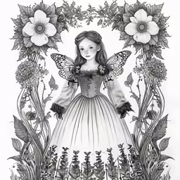 a little girl in dress with flower decorations and butterflies around her