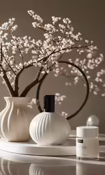 vases and bottles on display on round table