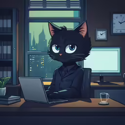a black cat sitting in an office at the computer
