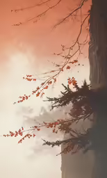 the branches of a tree in front of a red sky