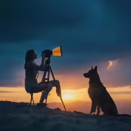 a woman sitting on a chair in front of a dog