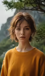 a woman standing in front of a tree looking at the camera