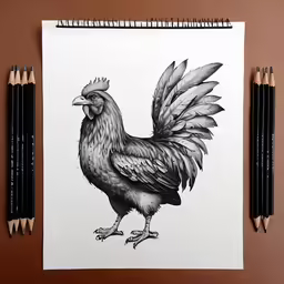 a chicken on paper with two graph pens