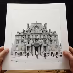 a man holding up a photo of an old building