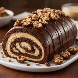 a chocolate pastry with nuts is on a plate
