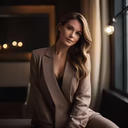a beautiful woman sitting by a window posing for a picture