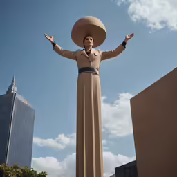 a large woman in a suit and hat standing with her hands outstretched to the sky in front of a tall building