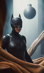 the woman in black batwoman costume is sitting on a couch