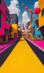 brightly colored buildings stand against a blue, cloudy sky
