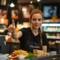 a woman at a bar raising her hand