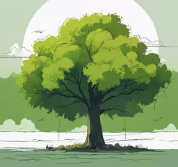 an illustration of a tree with a full moon in the background,an illustrated of a tree in the middle of a field