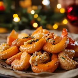 orange slices on the table with a christmas tree in the background