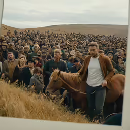 this man is walking with a horse in a large group