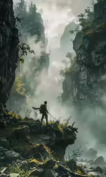 man with backpack walking across mountains on foggy day
