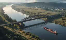 an aerial view of a barge going under a bridge