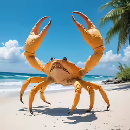 a yellow crab is standing on the beach