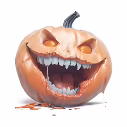 a pumpkin with teeth and large yellow eyes