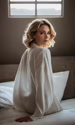 a woman sitting on a bed with her back turned
