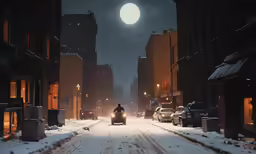 the car is driving down the snowy street