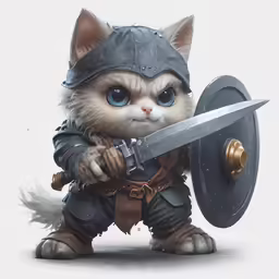 a stuffed cat in a military outfit with a sword and helmet