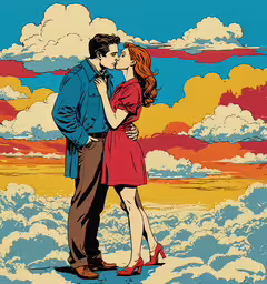 a man and woman in an orange dress kissing on a beach,a man kissing a woman in front of a blue sky with clouds