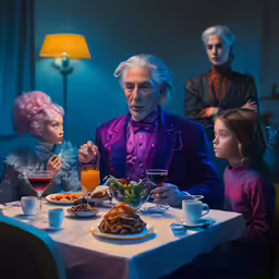 a family looking at something while eating dinner