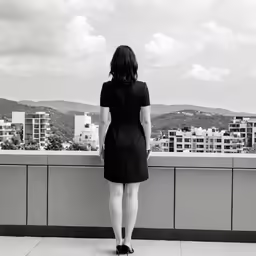 a woman stands on the side of a high rise