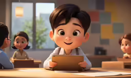 three children in the same classroom while one child looks at a tablet