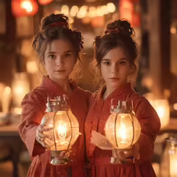 two girls standing in front of lights in a room
